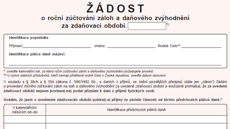 Žádost o roční zúčtování záloh a daňového zvýhodnění za zdaňovací období 2025