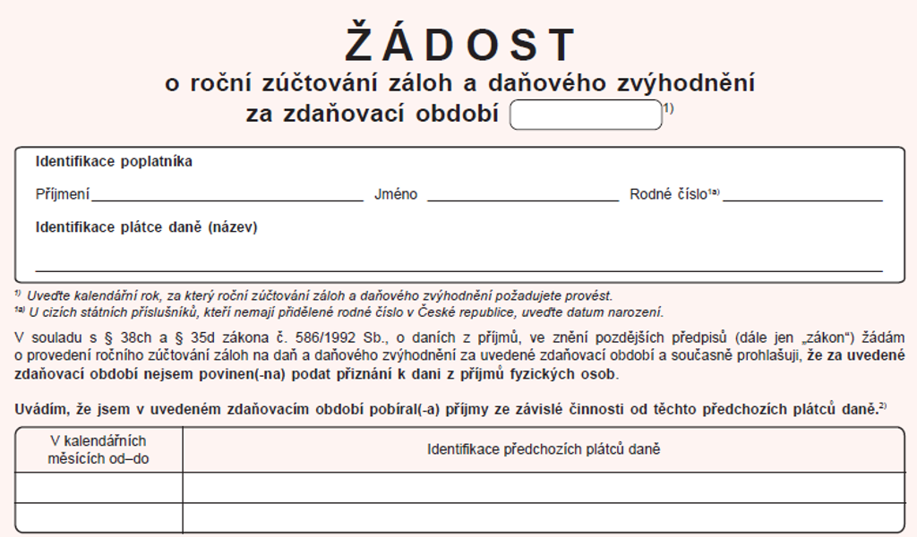 Žádost o roční zúčtování záloh a daňového zvýhodnění za zdaňovací období 2025 - zvětšit obrázek